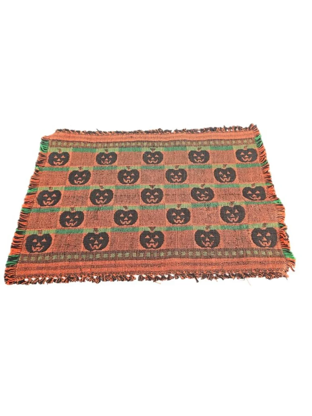Vintage Halloween Woven Pumpkin Placemat Set Of 4 With Fringe - Black & Orange J